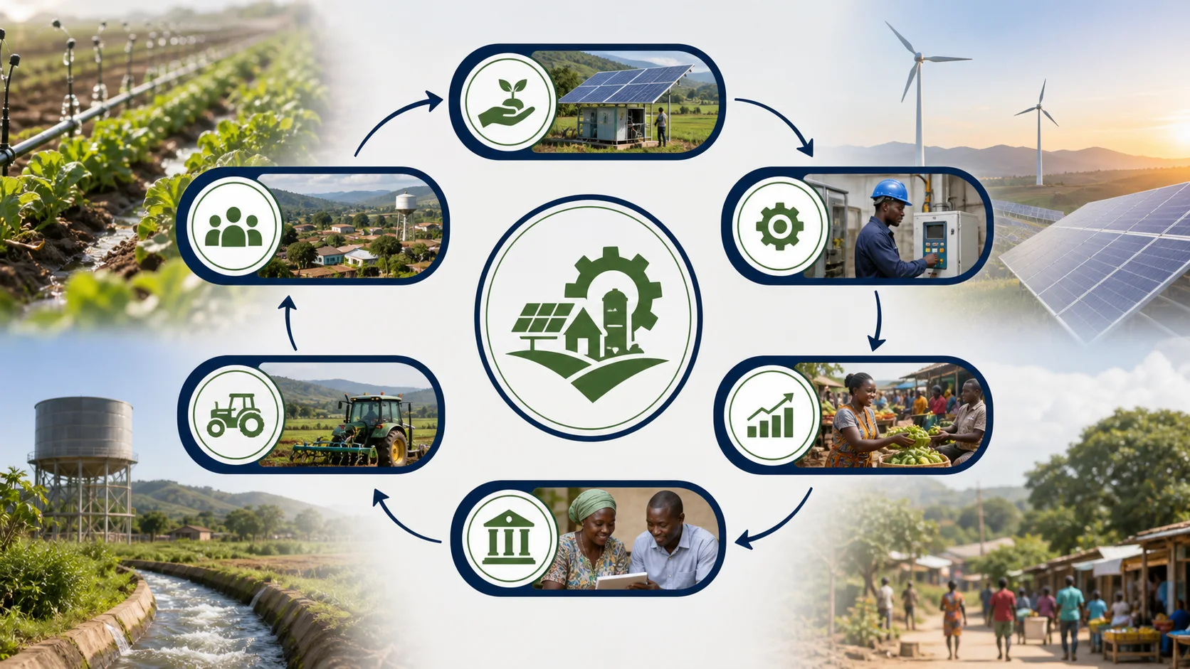Circular illustration showing capital financing productive assets, their use and monitoring, repayments, and reinvestment into local economic activity.