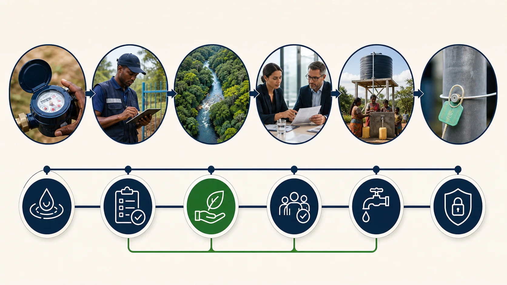A visual sequence from water-meter data capture and field verification through quantified outcomes, funding approval, local water infrastructure and a protected attribution record.