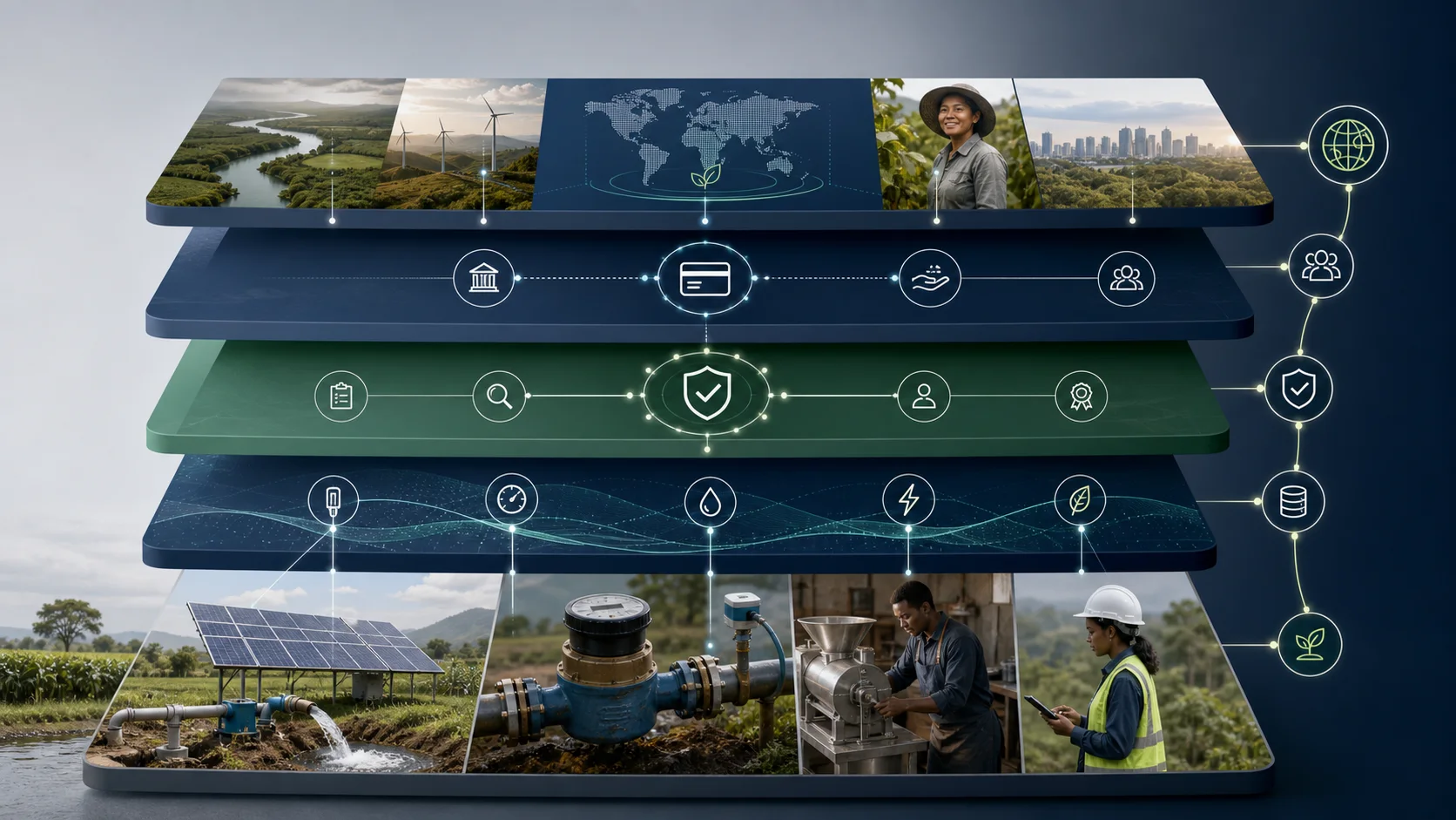 Layered technology architecture connecting real-world productive assets and data capture with methodology, verification, finance, records and impact reporting.