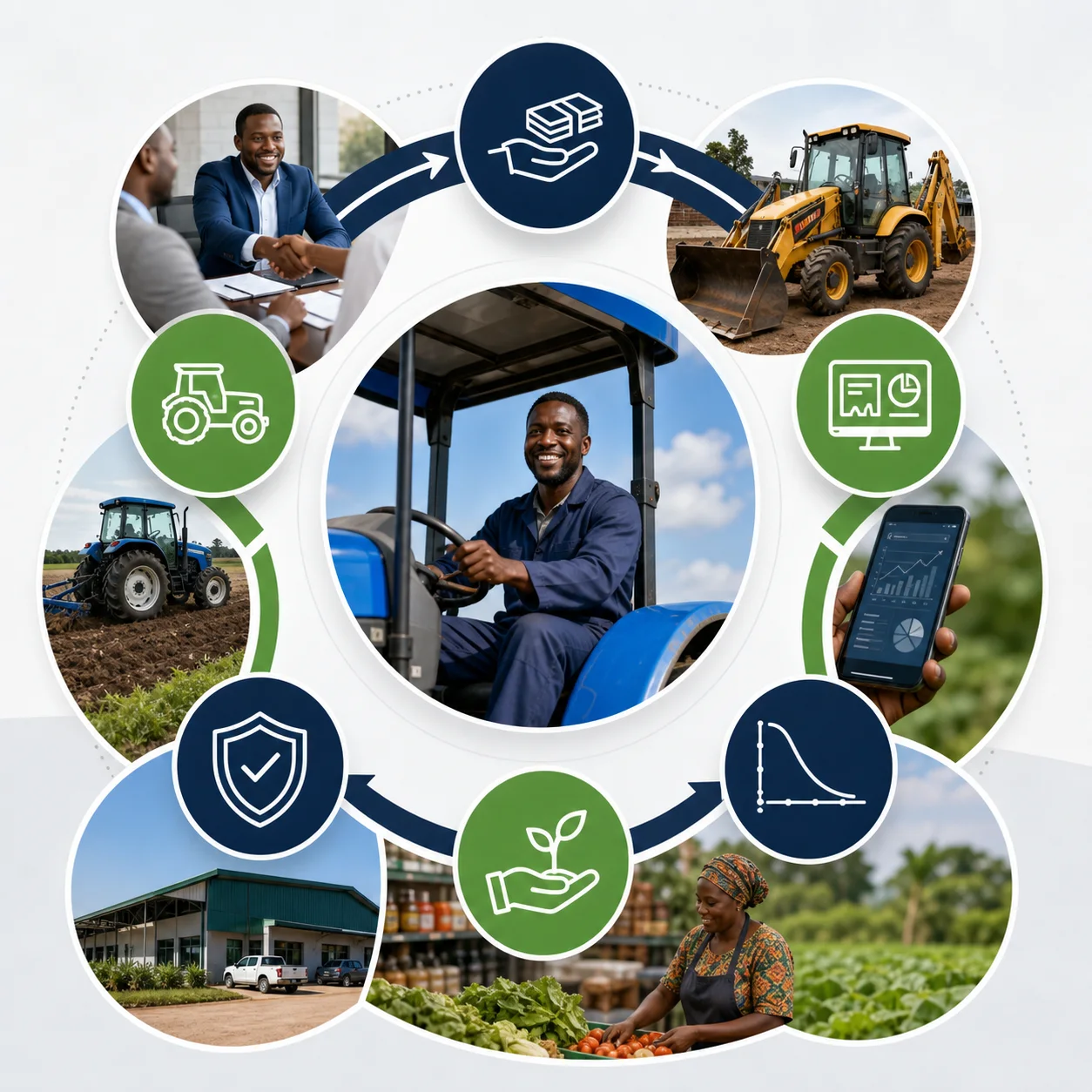 Circular Variable Asset Finance illustration showing capital supporting productive assets, monitored use, flexible repayments, reliable finance and local economic growth.